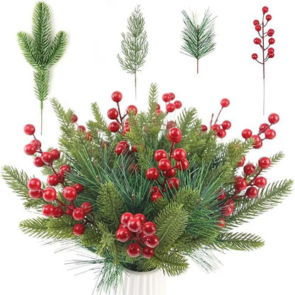 12Pcs Festive Artificial Pine Branches with Red Holly Berries for Christmas Wreaths and DIY Home Decor
