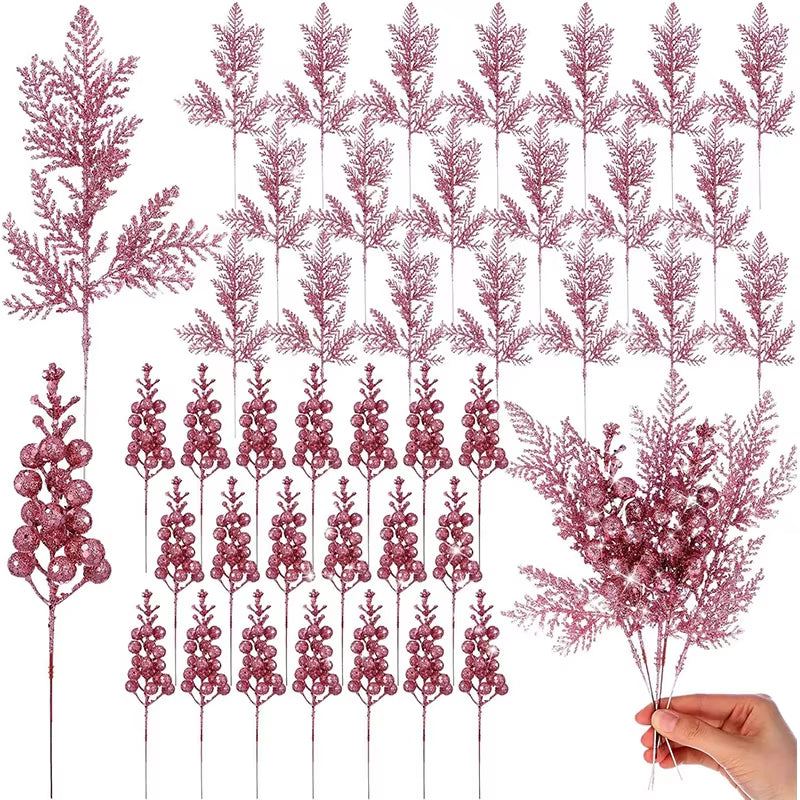 Sparkling Pink Christmas Berry Stalk - 26Cm Pine Needle Flower for Tree Ornaments & DIY Wreath Decor
