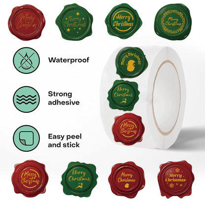 500PCS Festive Christmas Gift Stickers - Self-Adhesive Wax Seal Labels for Holiday Gift Wrapping & Party Decorations